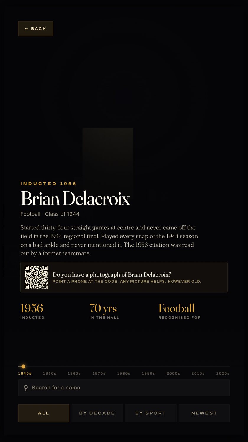 An inductee with no photograph on file. The page shows a QR code and the question: do you have a photograph of this person?