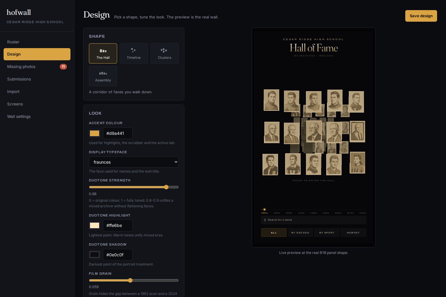 The design screen: layout options on the left, color and type controls, and a live preview of the actual wall on the right.