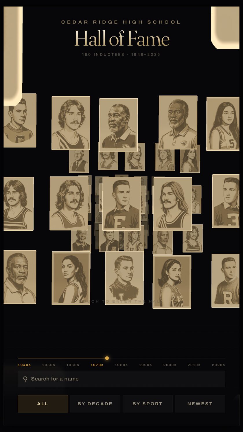 A vertical touchscreen showing a receding corridor of inducted athletes’ portraits under the heading Hall of Fame.