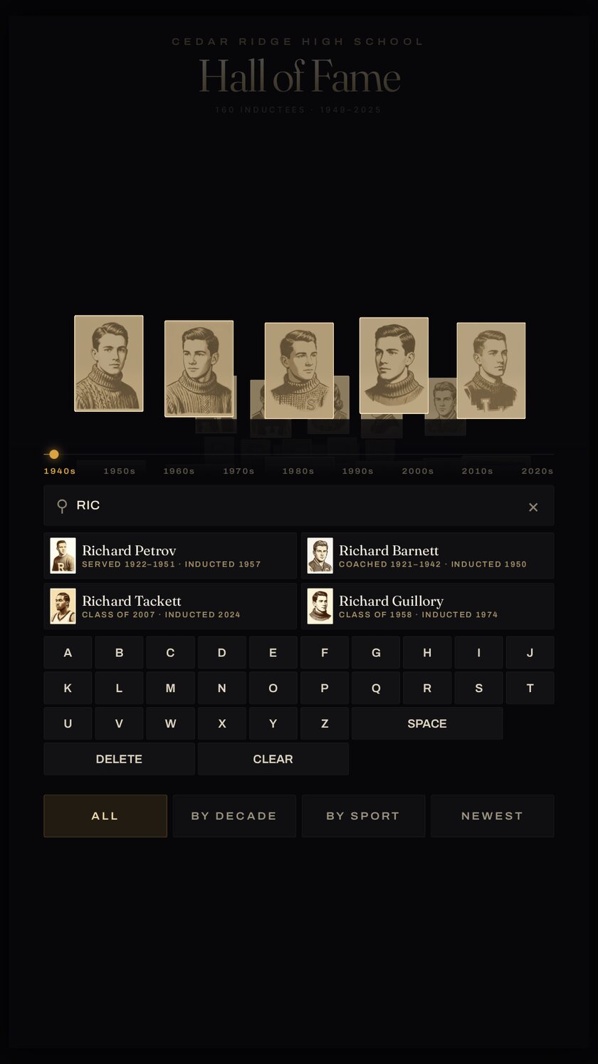 A search with an on-screen keyboard, showing four matching inductees with their class years.