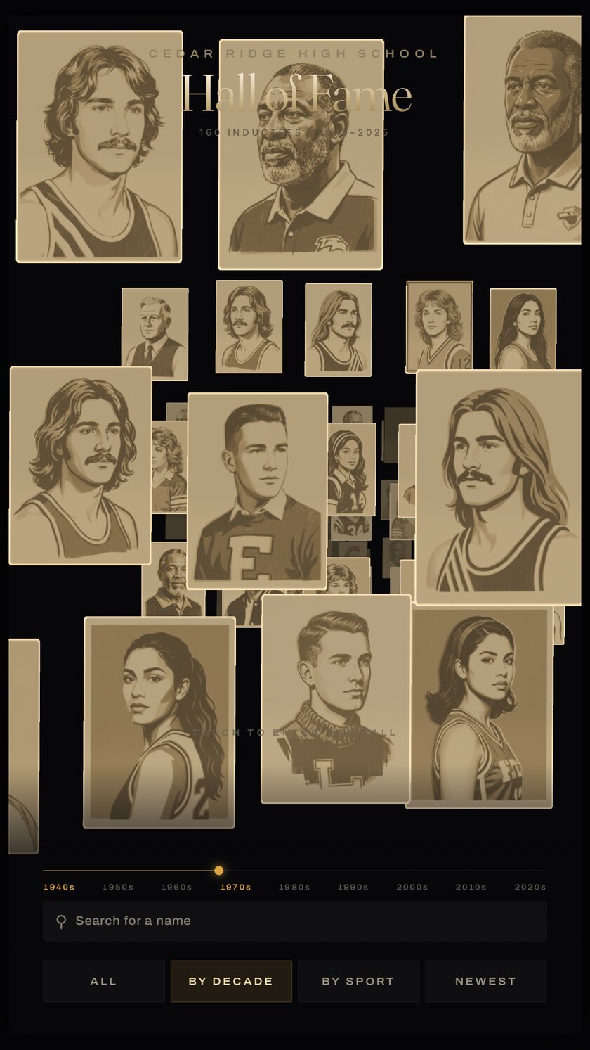 The same portraits arranged as a spiral running back through the decades.